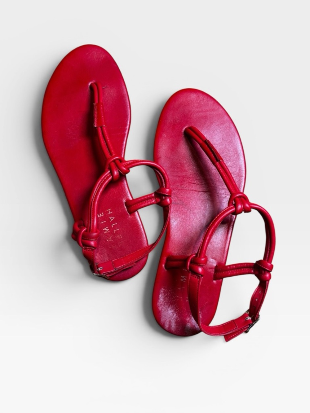 Jamie Haller Red Leather Knot T-Strap Flat Sandals Size 38 Minimalist Luxury